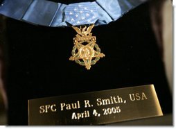 The Medal of Honor for Sgt. 1st Class Paul Smith. Awarded posthumously Monday, April 4, 2005, during ceremonies at the White House.White House photo by Paul Morse