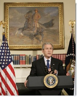 President George W. Bush delivers a statement Monday, March 19, 2007, on the fourth anniversary of the invasion of Iraq. Said the President, "As Iraqis work to keep their commitments, we have important commitments of our own."  White House photo by Eric Draper