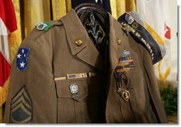 The Korean era U.S. Army jacket of Master Sgt. Woodrow Wilson Keeble is seen Monday, March 3, 2008, displayed in the East Room of the White House, during the presentation of the Medal of Honor, posthumously, in honor of Master Sgt. Keebles gallantry during his service in the Korean War. Keeble is the first full-blooded Sioux Indian to receive the Medal of Honor. White House photo by Eric Draper