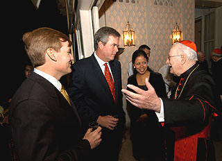 The Honorable Jeb Bush, Governor of Florida, Head of the US Presidential Delegation to the Inaugural Mass of His Holiness Pope Benedict XVl, greets American cardinals at a reception in their honor held at Villa Richardson